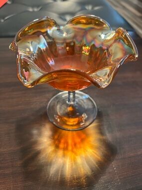 Vintage Amber Carnival Iridescent Ruffled Glass Compote Bowl -